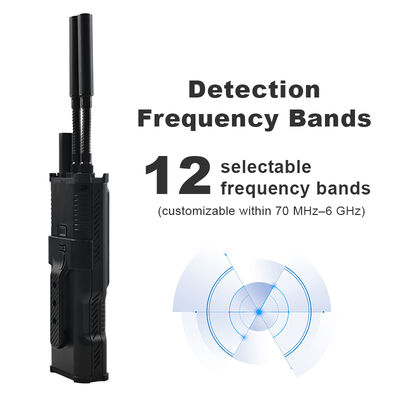 خرید آشکارساز هواپیماهای بدون سرنشین دستگیر با طیف کامل 70MHz 6GHz، محدوده تشخیص 1.52 کیلومتر و 12 باند پیش تنظیم شده برای هواپیماهای بدون سرنشین صنعتی و FPV تولید آنلاین